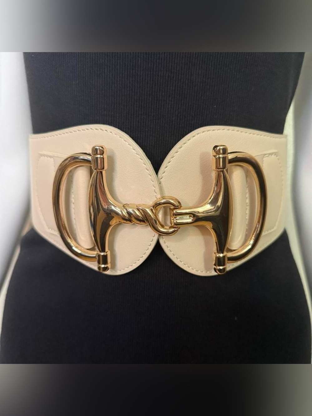 Beige PU leather gold tone buckle elastic waistband belt